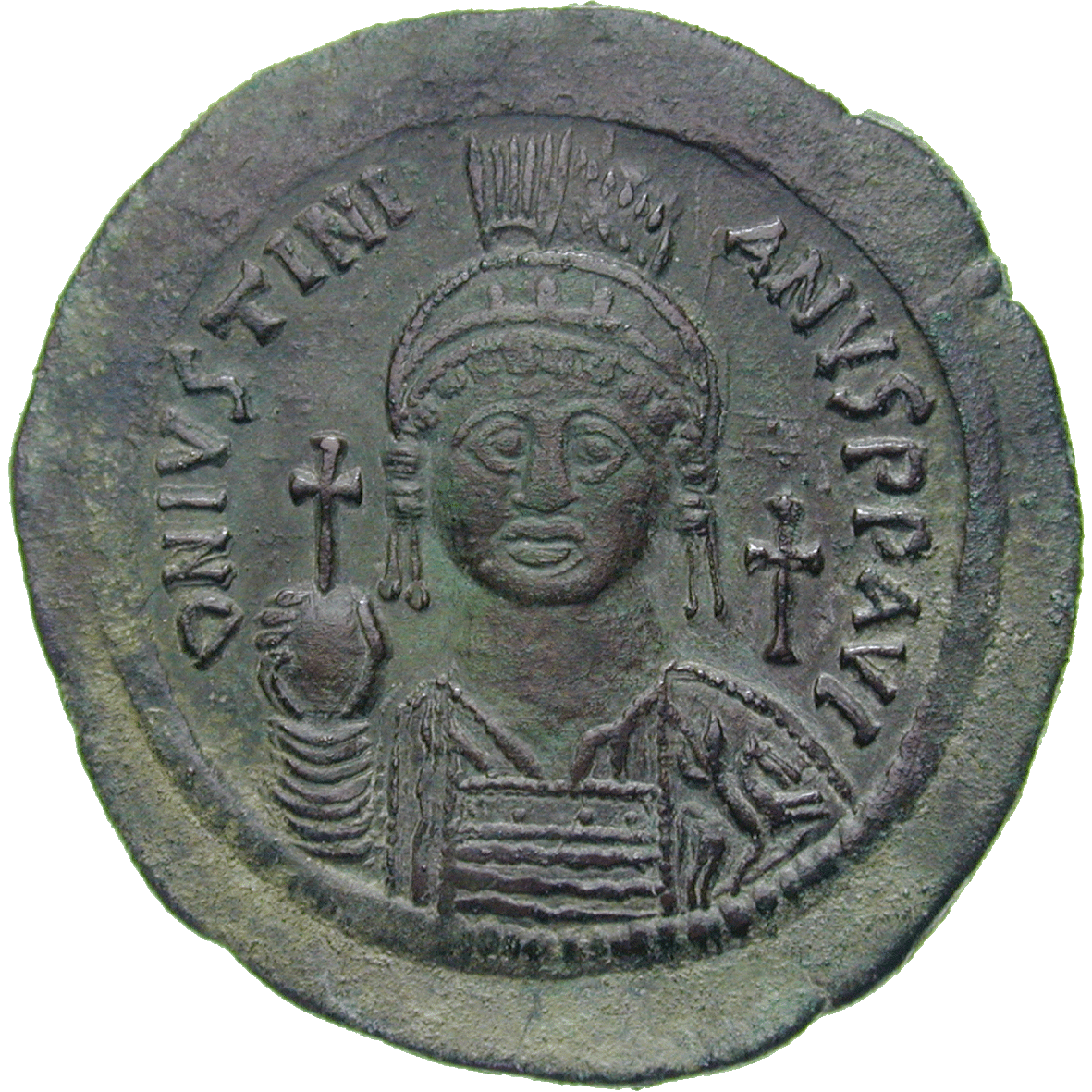 Byzantine Empire, Justinianus I, Follis  (obverse)