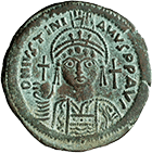Byzantinisches Kaiserreich, Justinian I., Follis (obverse)