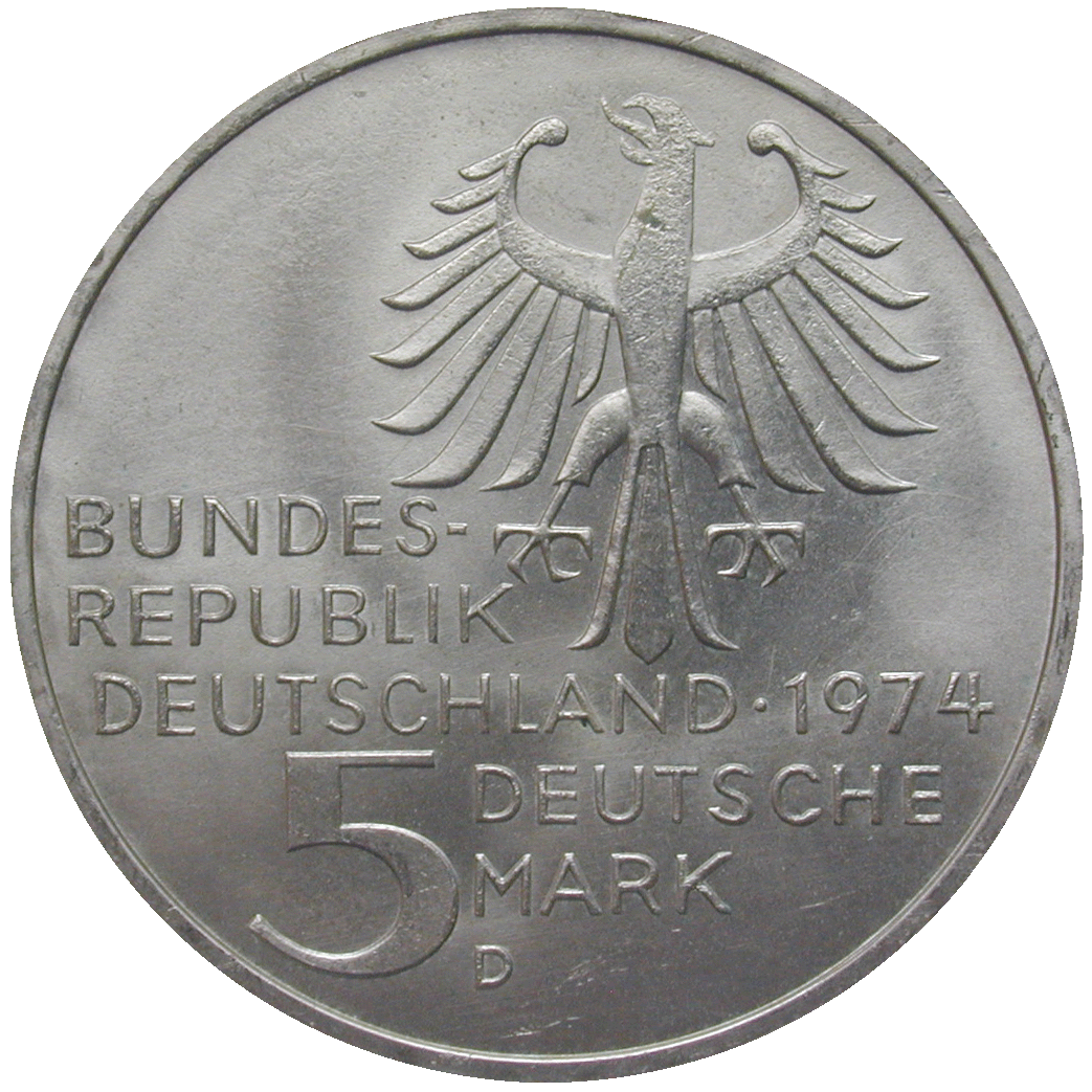 Federal Republic of Germany, 5 Deutsche Mark 1974 (obverse)