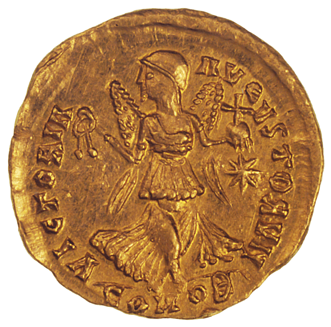 Gegend von Bayern oder Baden Württemberg oder um den Plattensee, unbestimmter Beischlag im Namen Theodosius II., Tremissis (reverse)