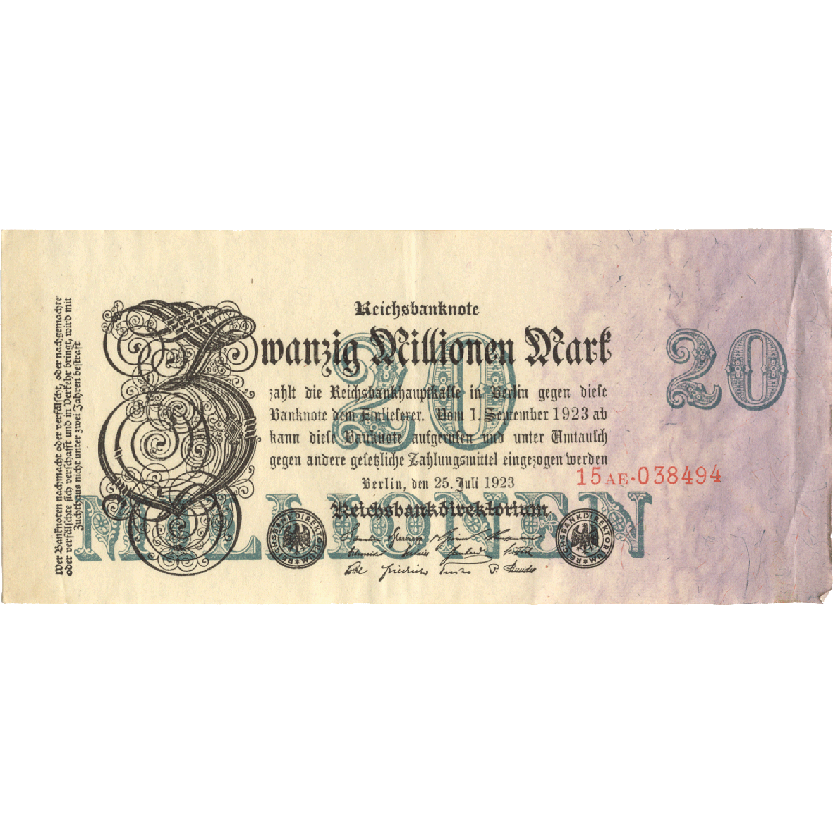 German Empire, Weimar Republic, 20 Million Marks 1923 (obverse)