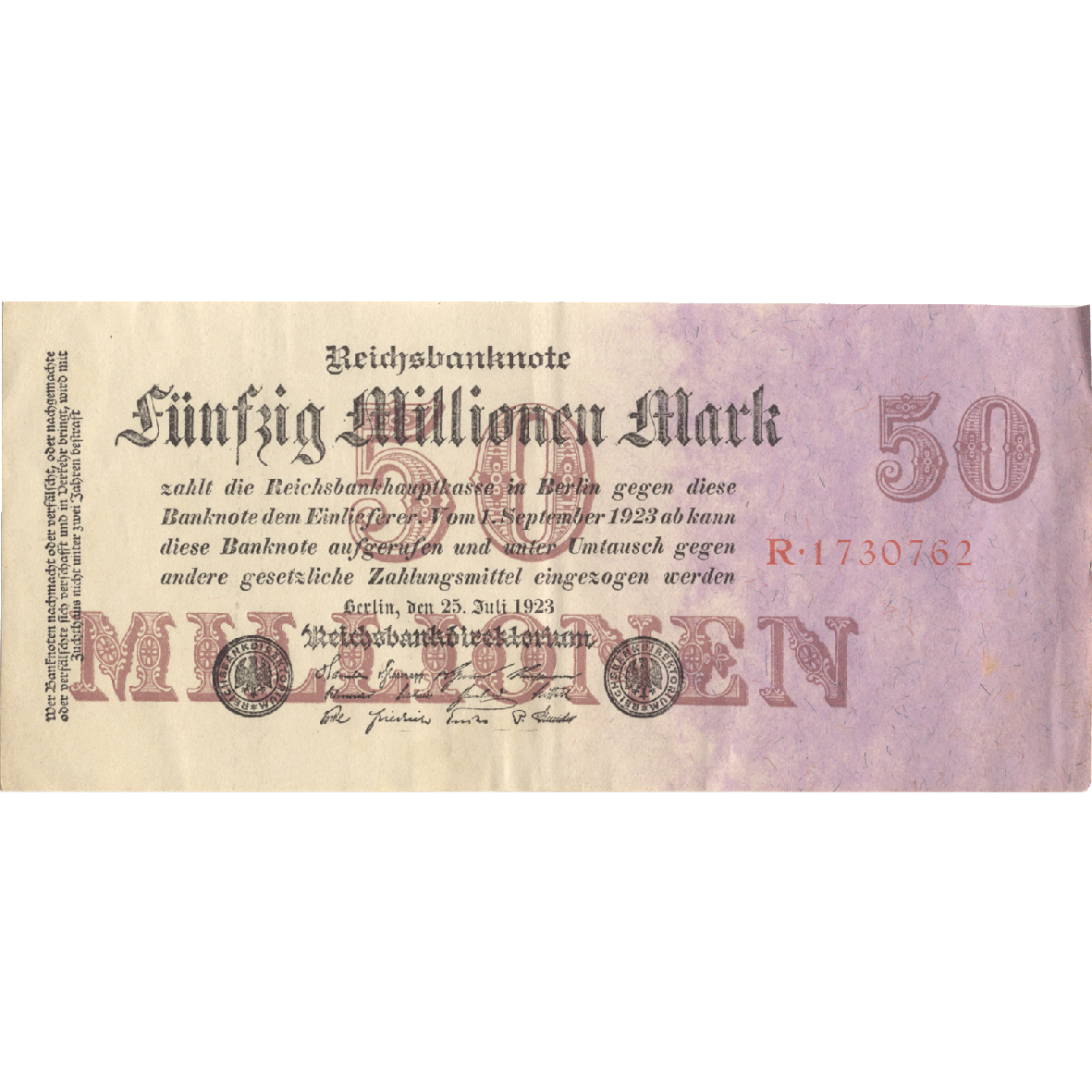 German Empire, Weimar Republic, 50 Million Mark 1923 (obverse)