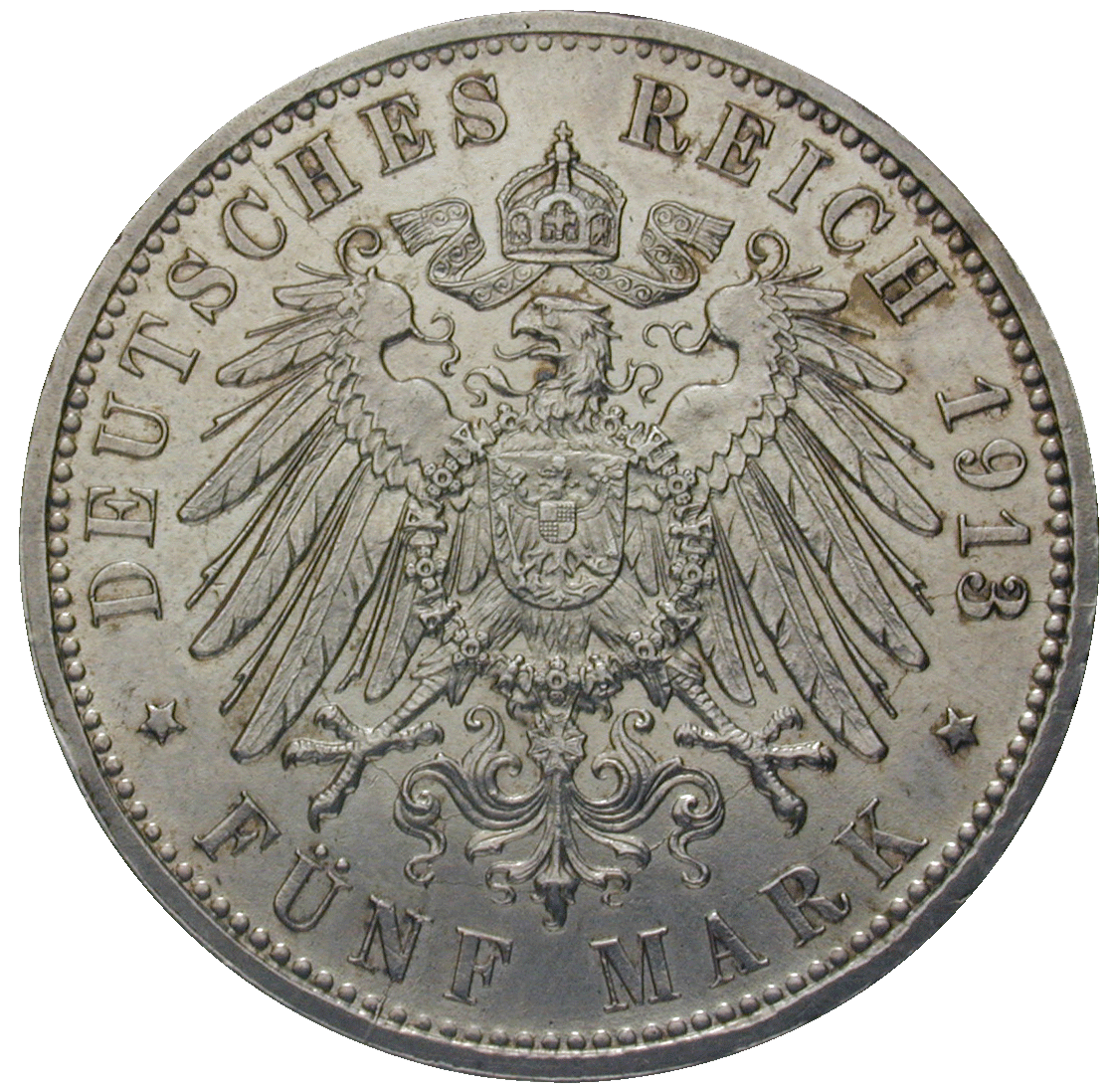 German Empire, Wilhelm II, Free Hanseatic City of Hamburg, 5 Mark 1913 (reverse)