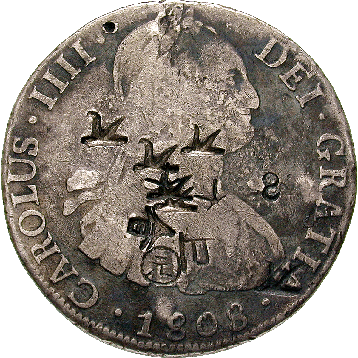 Kaiserreich China, Karl III. von Spanien, Real de a ocho (Peso) 1808 mit chinesischen Gegenstempeln (obverse)