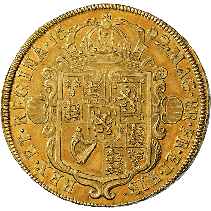 Kingdom of England, William III and Mary II, 5 Guineas 1692 (reverse)