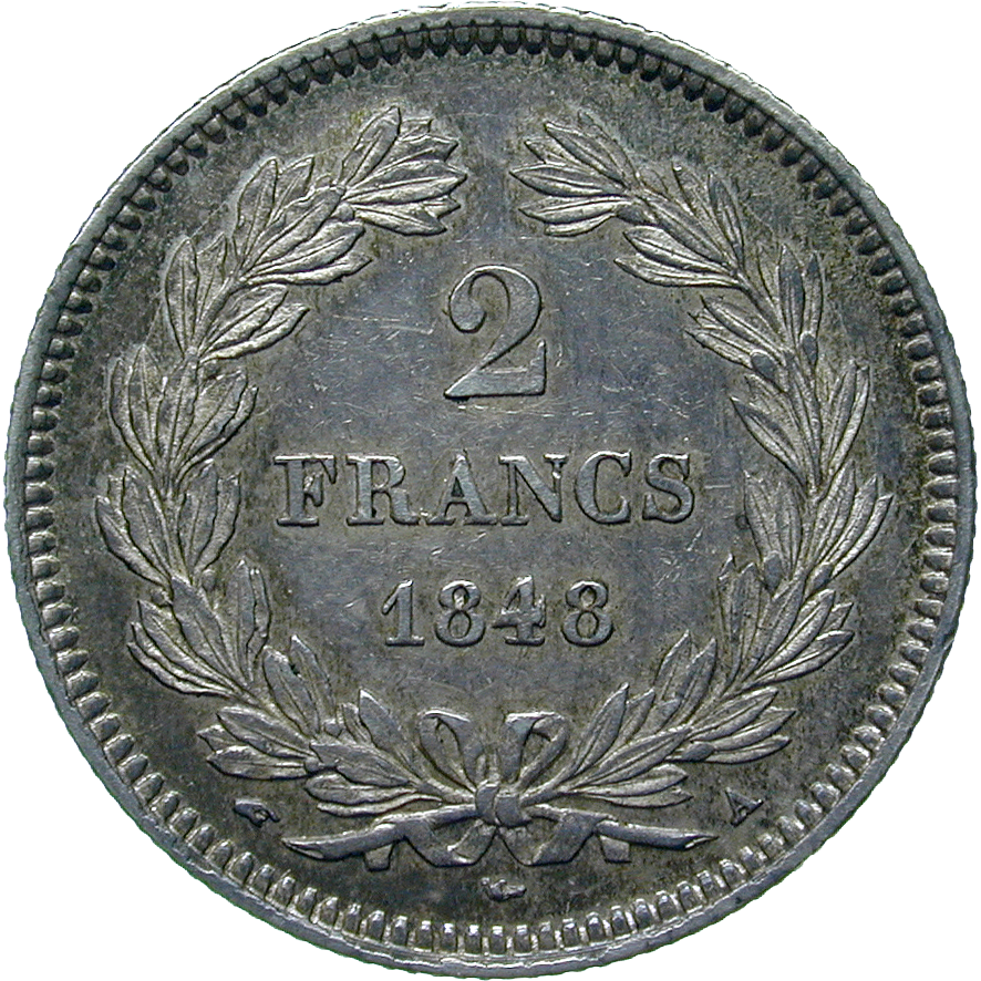 Kingdom of France, Louis Philippe I, 2 Francs 1848 (reverse)
