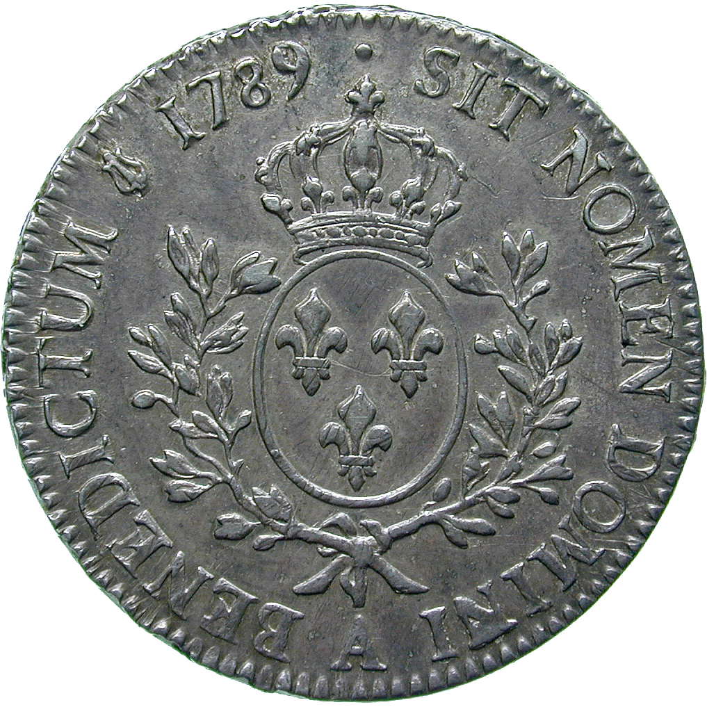 Kingdom of France, Louis XVI, Ecu aux lauriers 1789 (reverse)