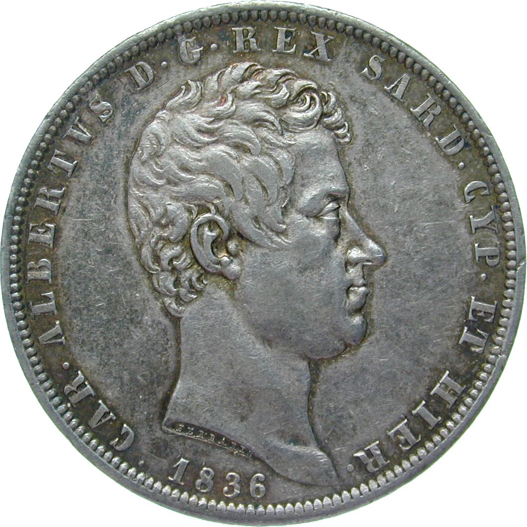 Kingdom of Sardinia-Piedmont, Charles Albert of Savoy, 5 Lire 1836 (obverse)