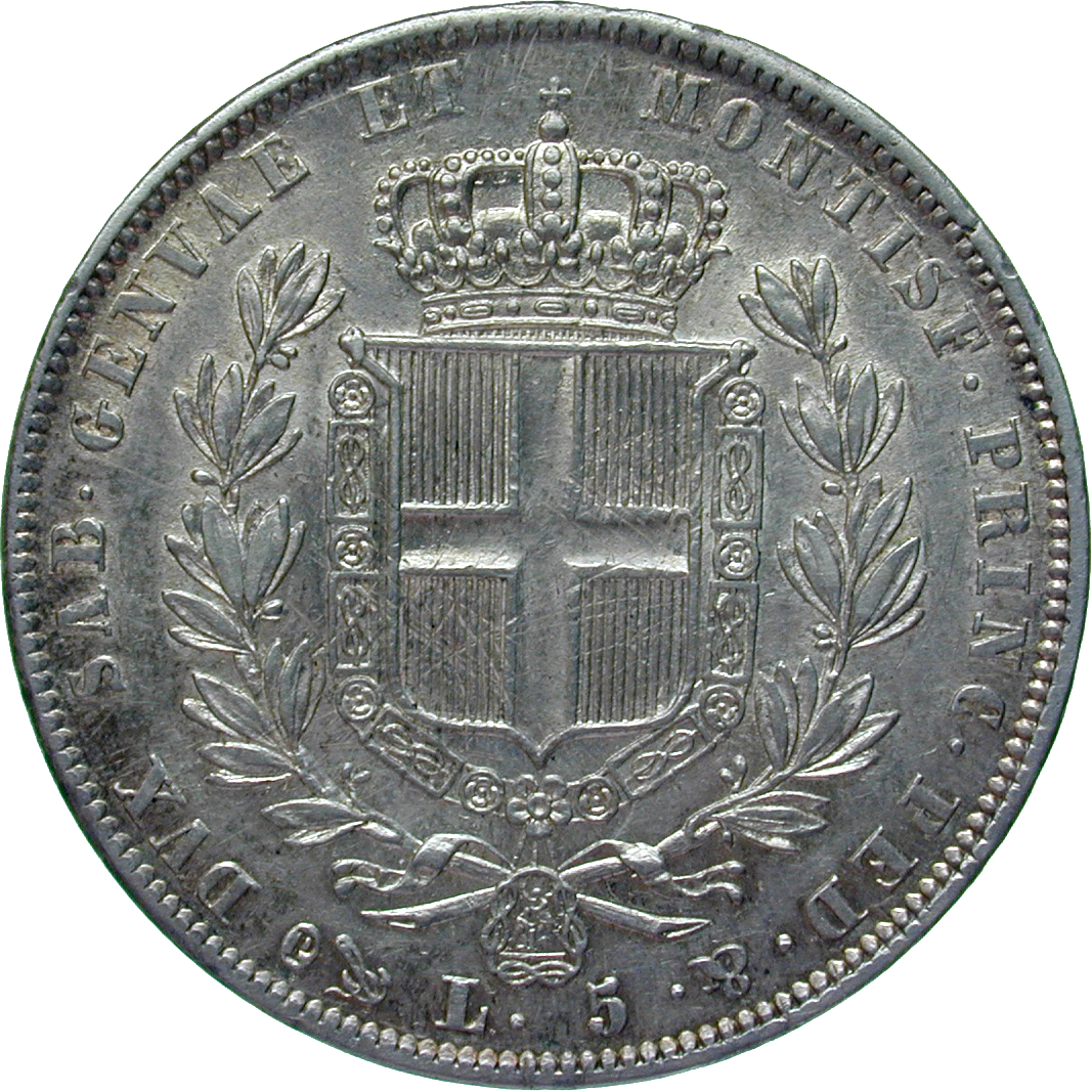 Kingdom of Sardinia-Piedmont, Charles Albert of Savoy, 5 Lire 1836 (reverse)