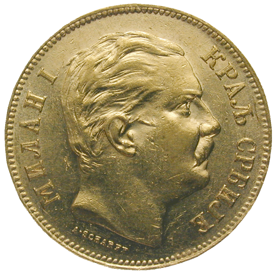 Kingdom of Serbia, Milan IV Obrenovich, 20 Dinara 1882 (obverse)