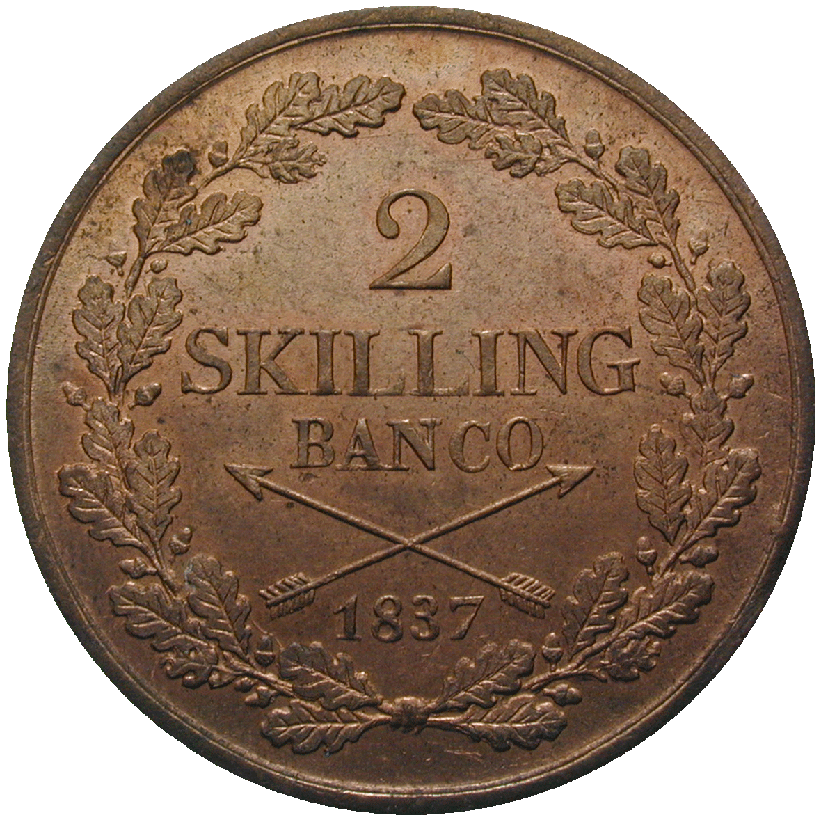 Kingdom of Sweden, Charles XIV John, 2 Skilling Banco 1837 (reverse)