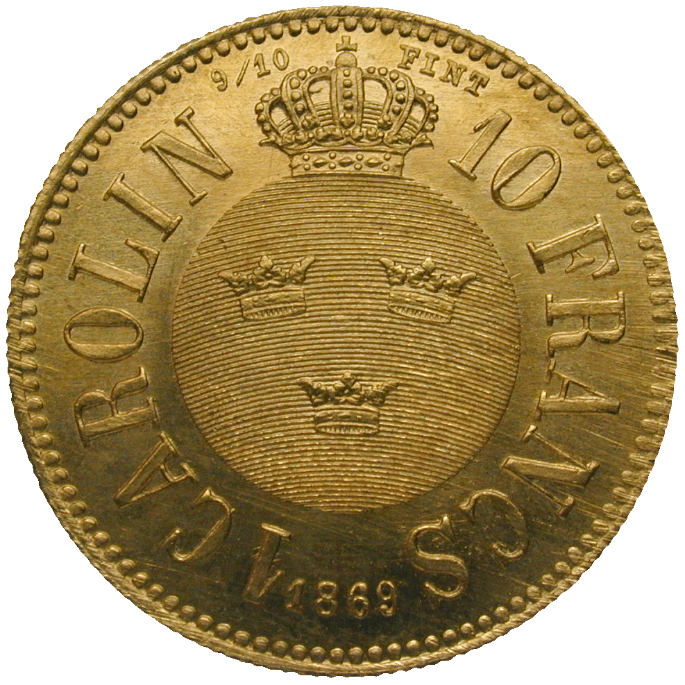 Kingdom of Sweden, Charles XV, 1 Carolin 1869 (reverse)