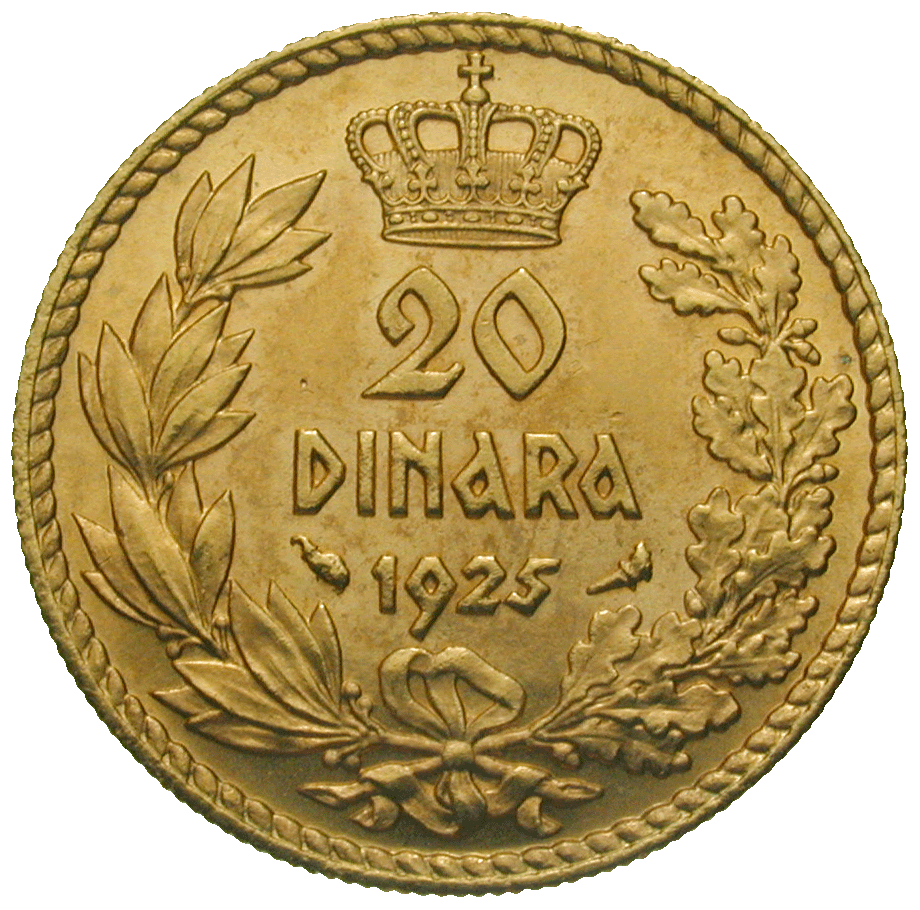 Kingdom of Yugoslavia, Alexander I, 20 Dinara 1925 (reverse)
