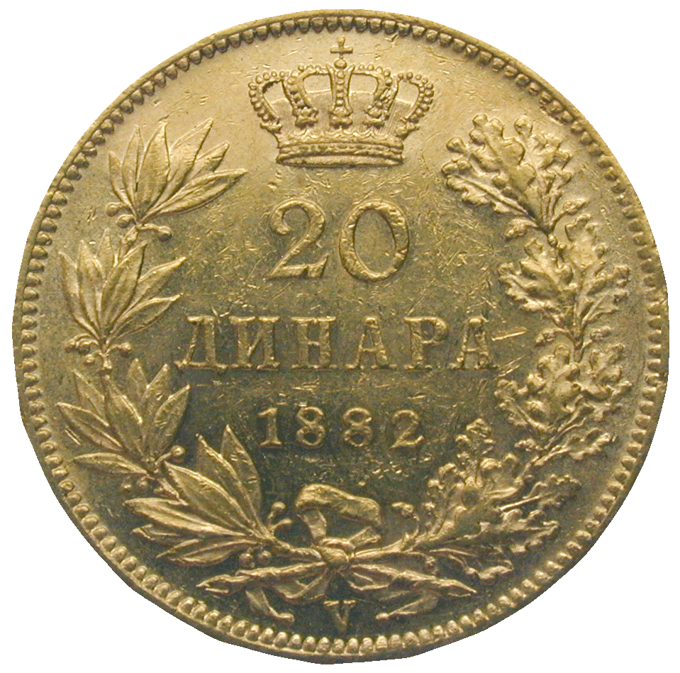Königreich Serbien, Milan IV. Obrenowitsch, 20 Dinara 1882 (reverse)