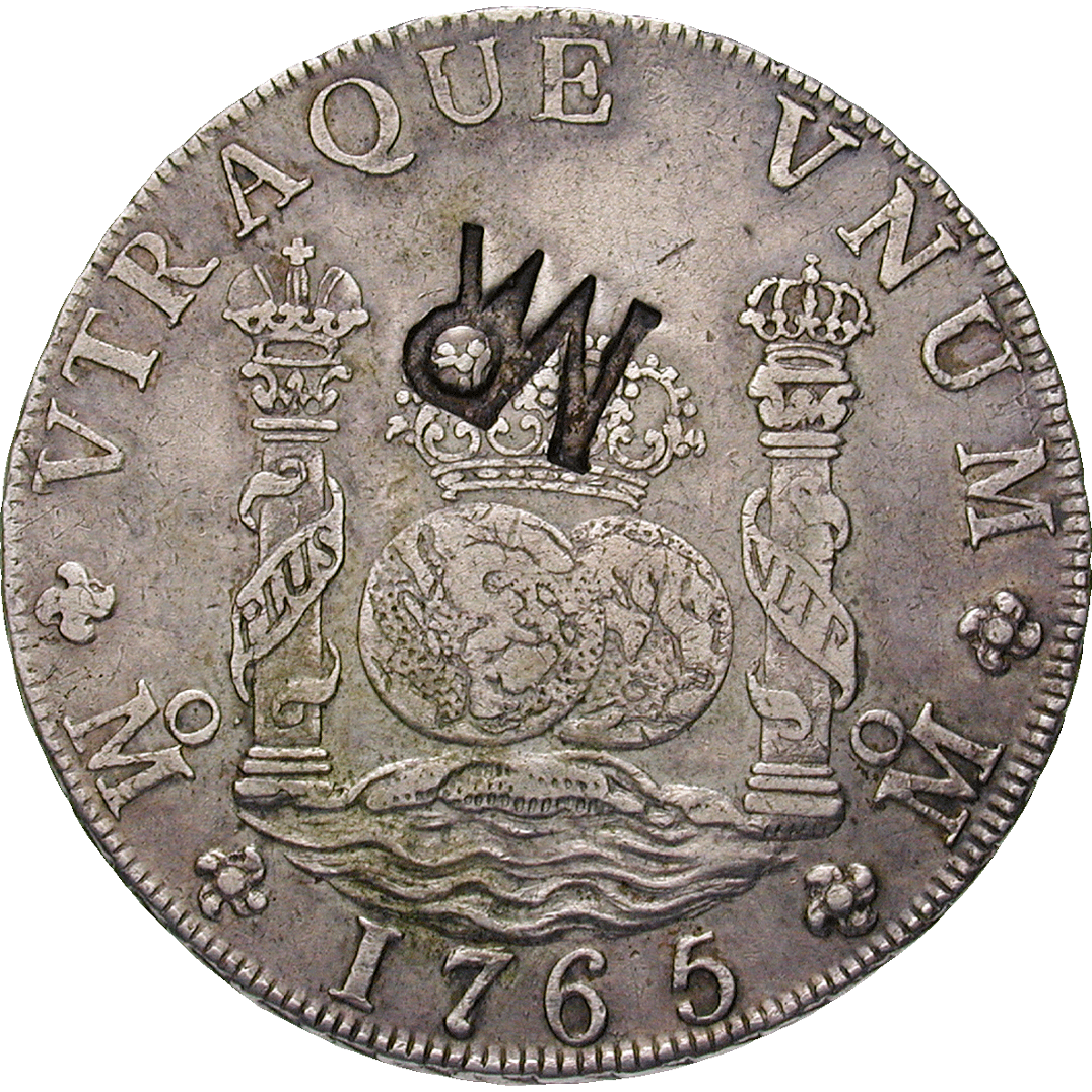 Mosambik, José I. von Portugal, Real de a ocho (Peso) 1765 mit mosambikanischem Gegenstempel (reverse)