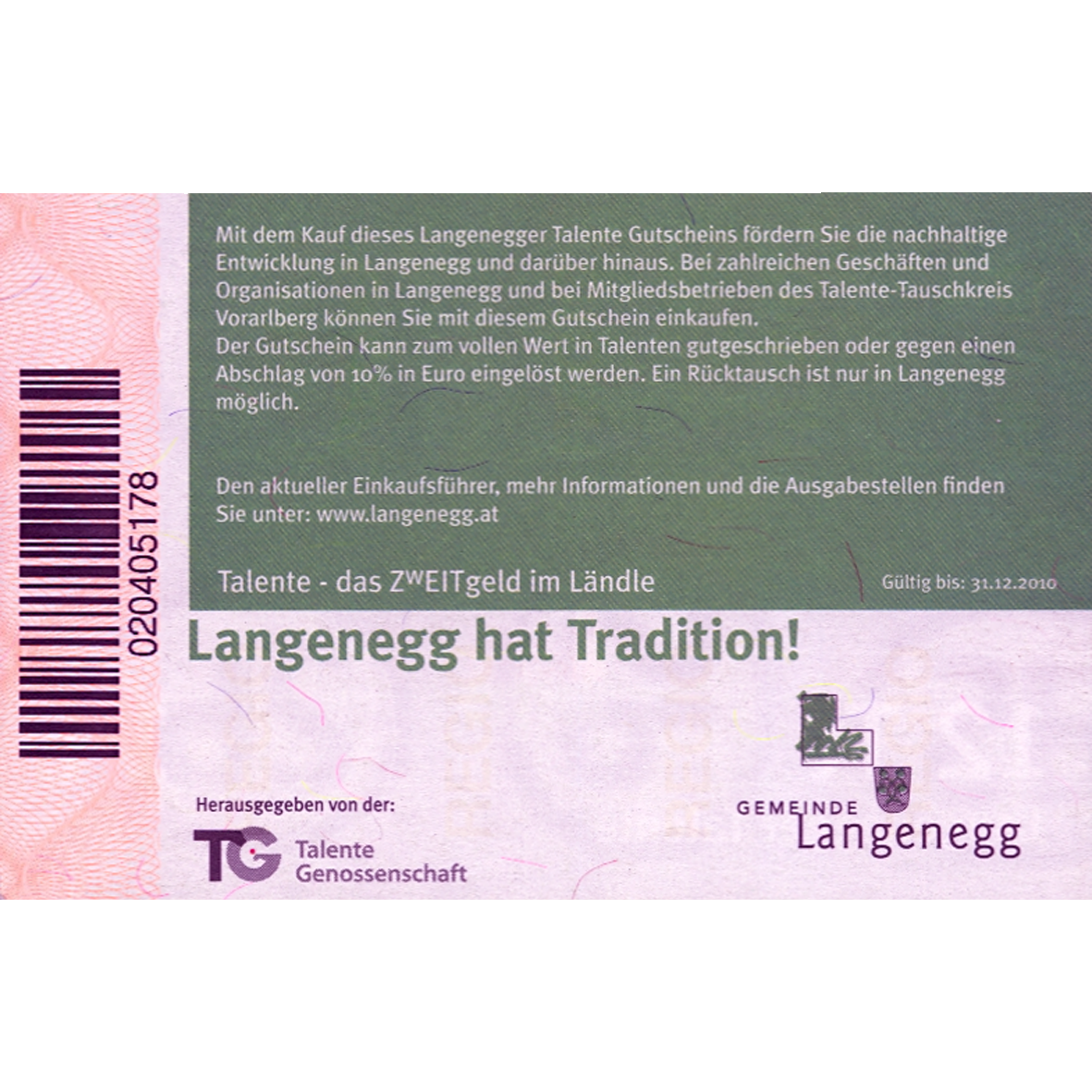 Österreich, Gemeinde Langenegg, Talente Geossenschaft, 12 Langenegger Talente, gültig bis 31.12.2010 (reverse)
