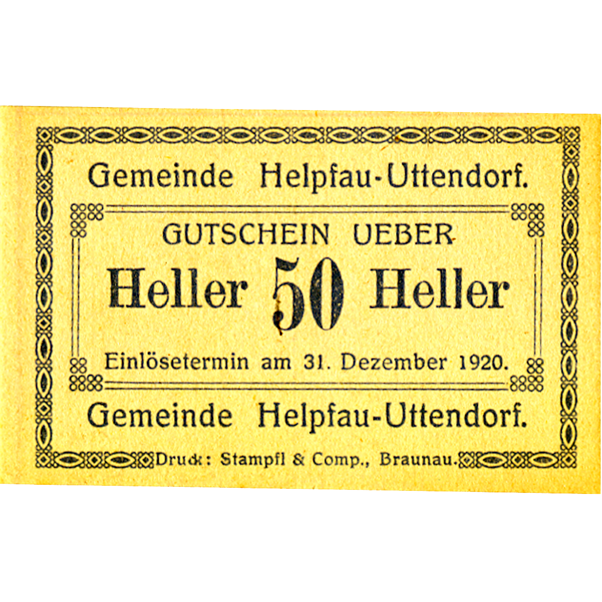 Republic of Austria, Community of Helpfau-Uttendorf, 50 Heller 1920 (obverse)