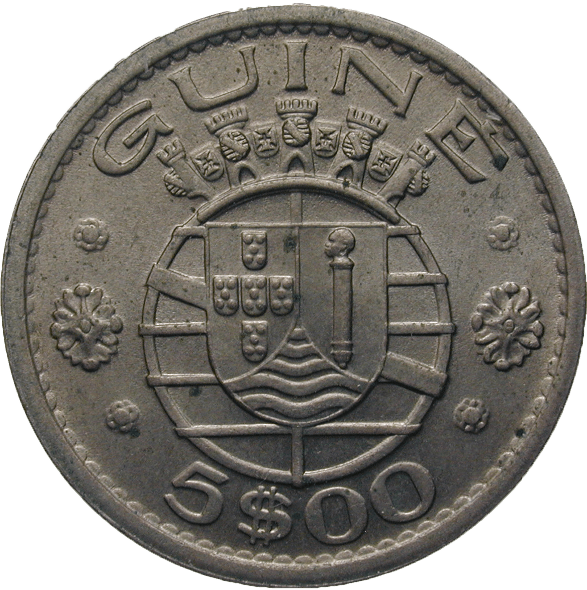 Republic of Portugal for Portuguese Guinea, 5 Escudos 1973 (reverse)