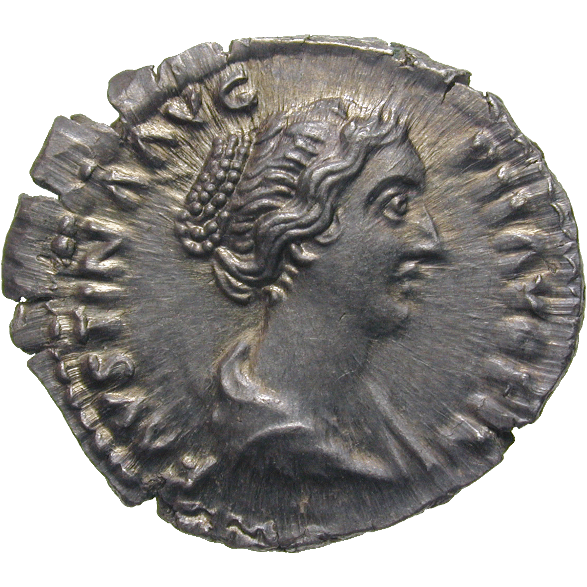 Roman Empire, Marcus Aurelius for Faustina Minor, Denarius (obverse)