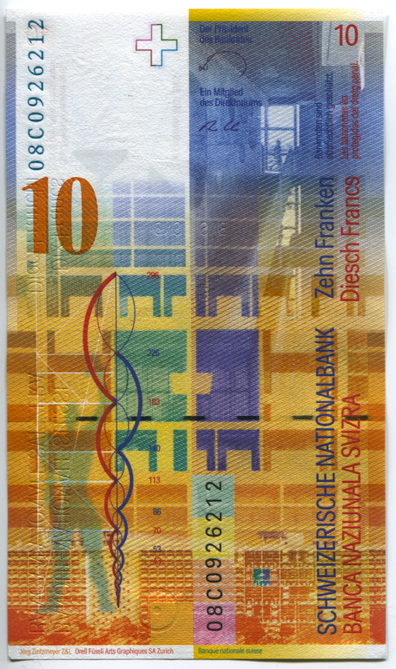 Schweizerische Eidgenossenschaft, 10 Franken, 8. Banknotenserie, in Kurs seit 1995 (reverse)