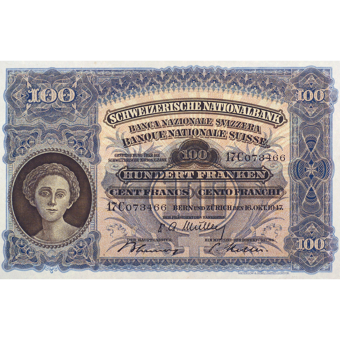 Schweizerische Eidgenossenschaft, 100 Franken (2. Banknotenserie, in Kurs 1911-1980) (obverse)