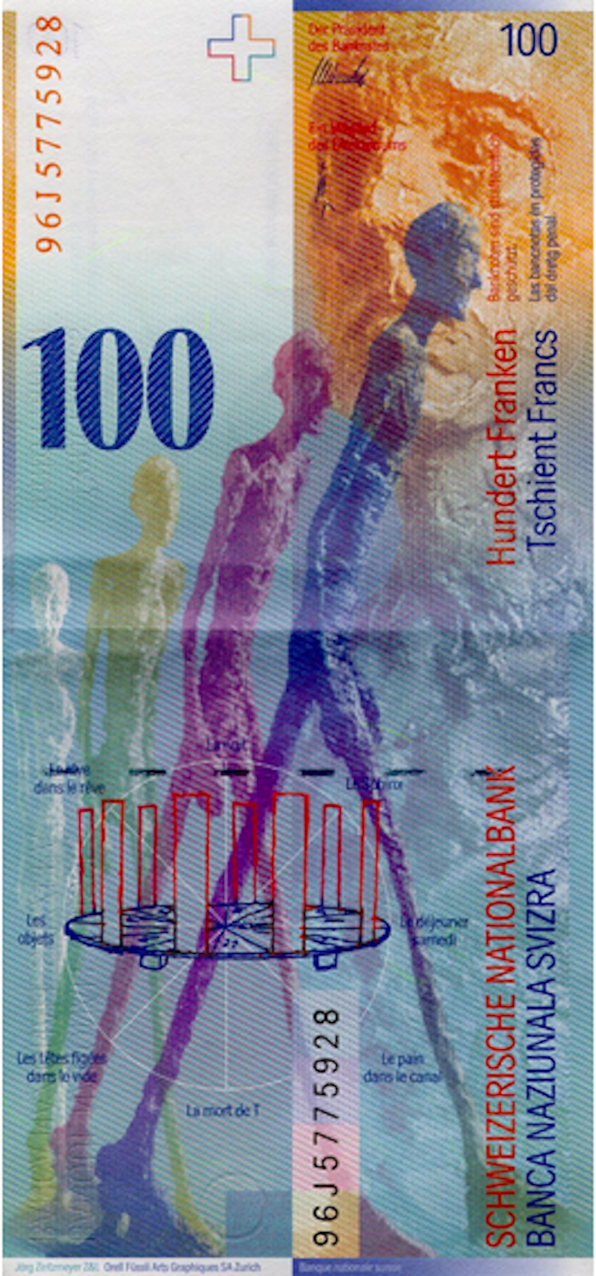 Schweizerische Eidgenossenschaft, 100 Franken, 8. Banknotenserie, in Kurs seit 1995 (reverse)