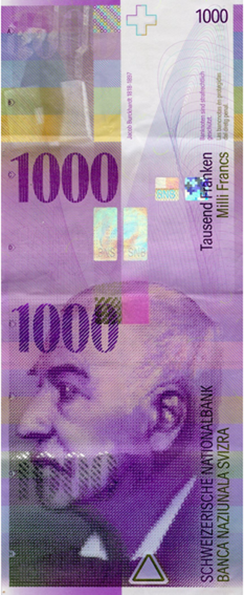 Schweizerische Eidgenossenschaft, 1000 Franken, 8. Banknotenserie, in Kurs seit 1995 (obverse)