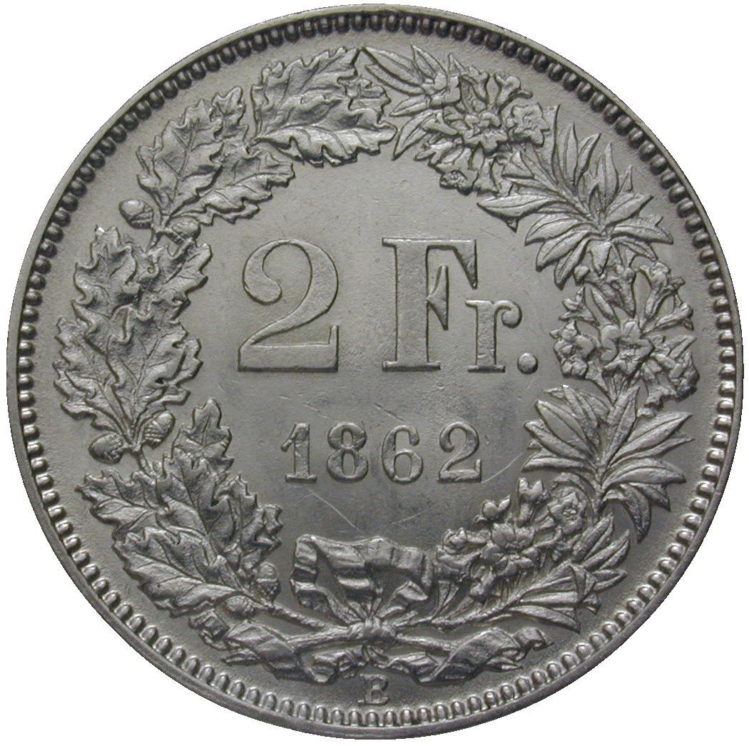 Schweizerische Eidgenossenschaft, 2 Franken 1862 (reverse)