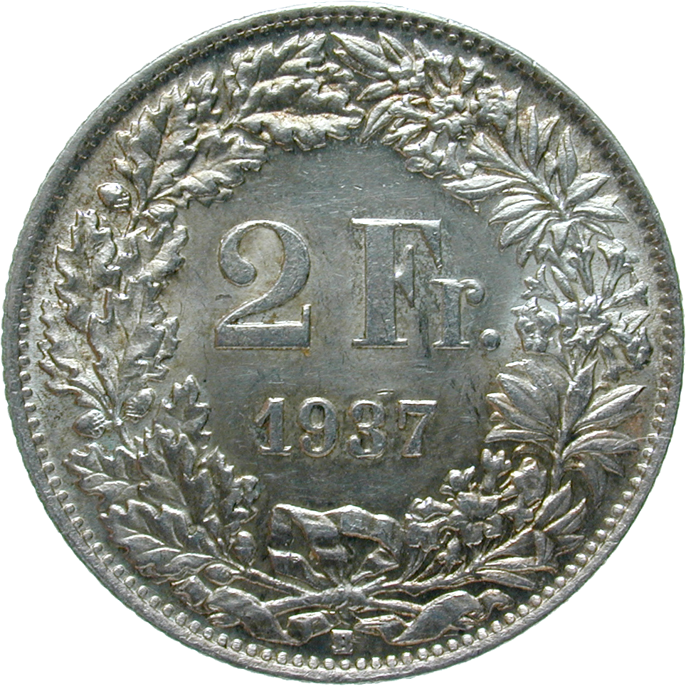 Schweizerische Eidgenossenschaft, 2 Franken 1937 (reverse)