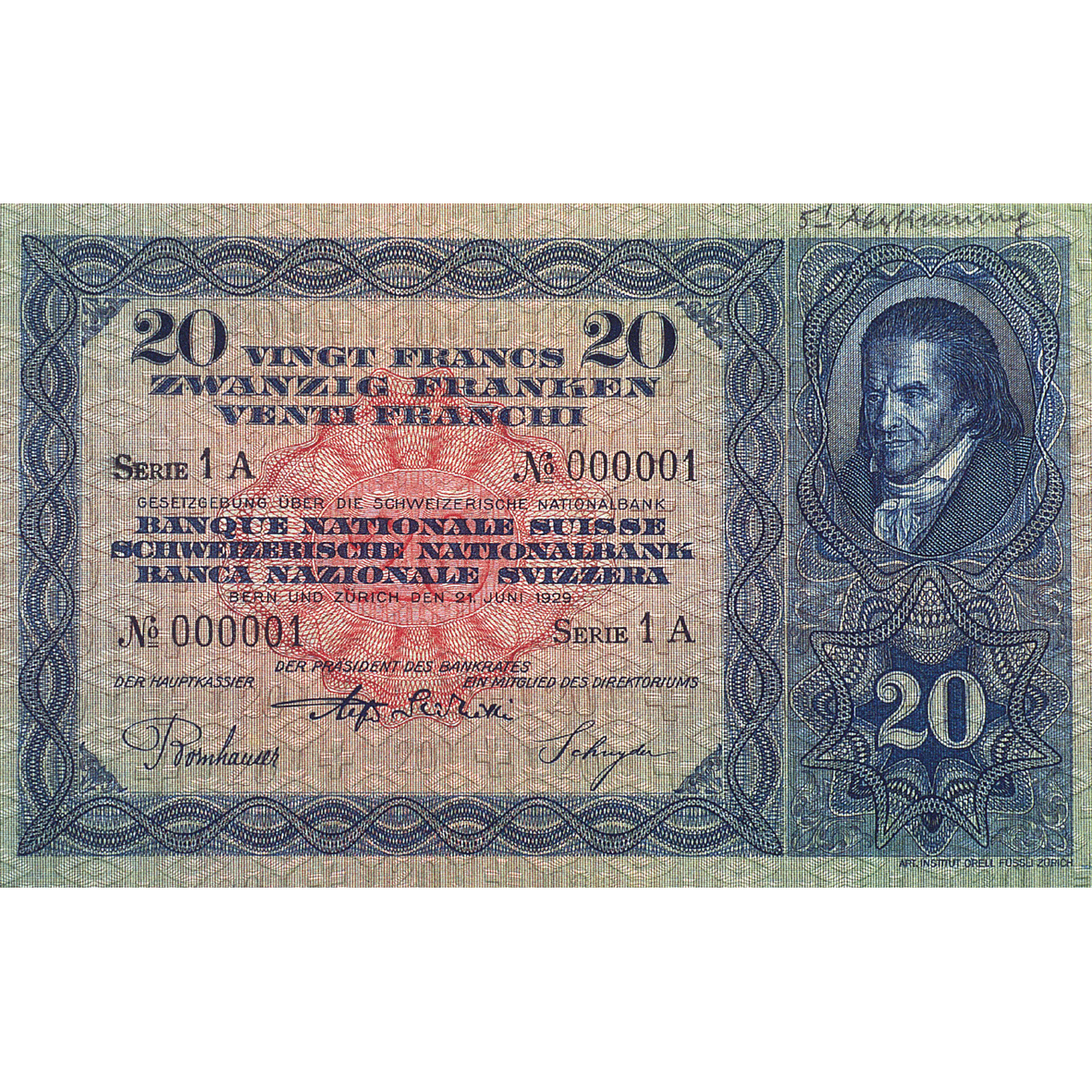 Schweizerische Eidgenossenschaft, 20 Franken (3. Banknotenserie, in Kurs 1918-1956) (obverse)