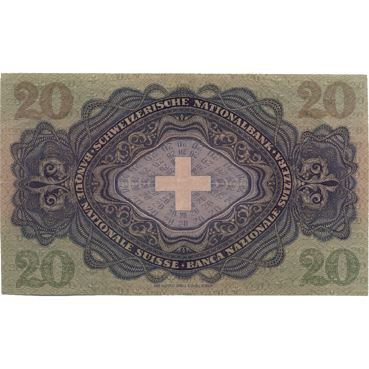 Schweizerische Eidgenossenschaft, 20 Franken (3. Banknotenserie, in Kurs 1918-1956) (reverse)