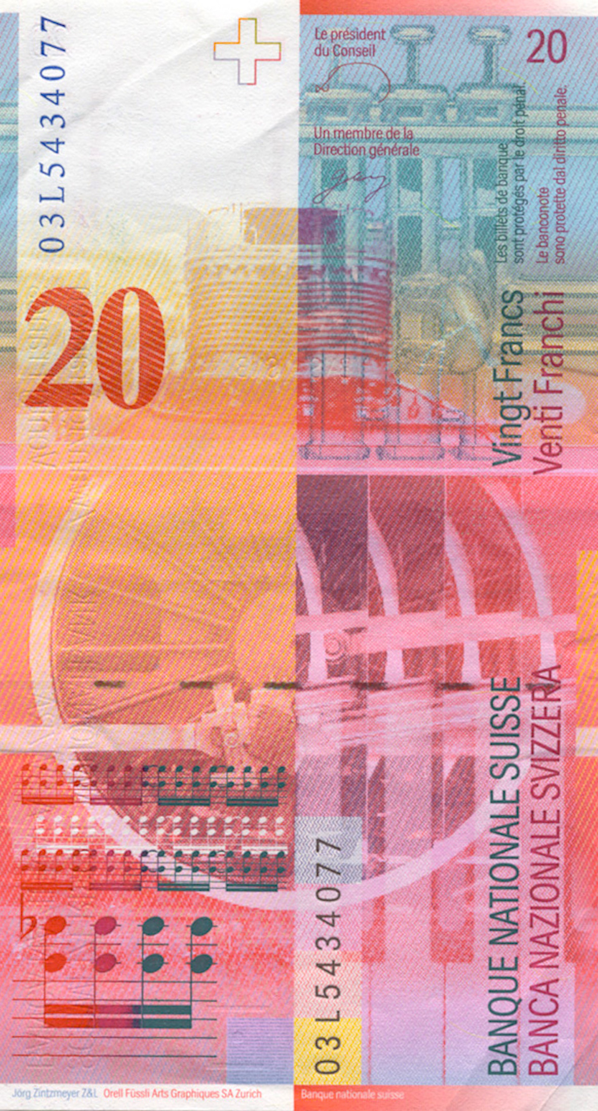 Schweizerische Eidgenossenschaft, 20 Franken, 8. Banknotenserie, in Kurs seit 1995 (reverse)