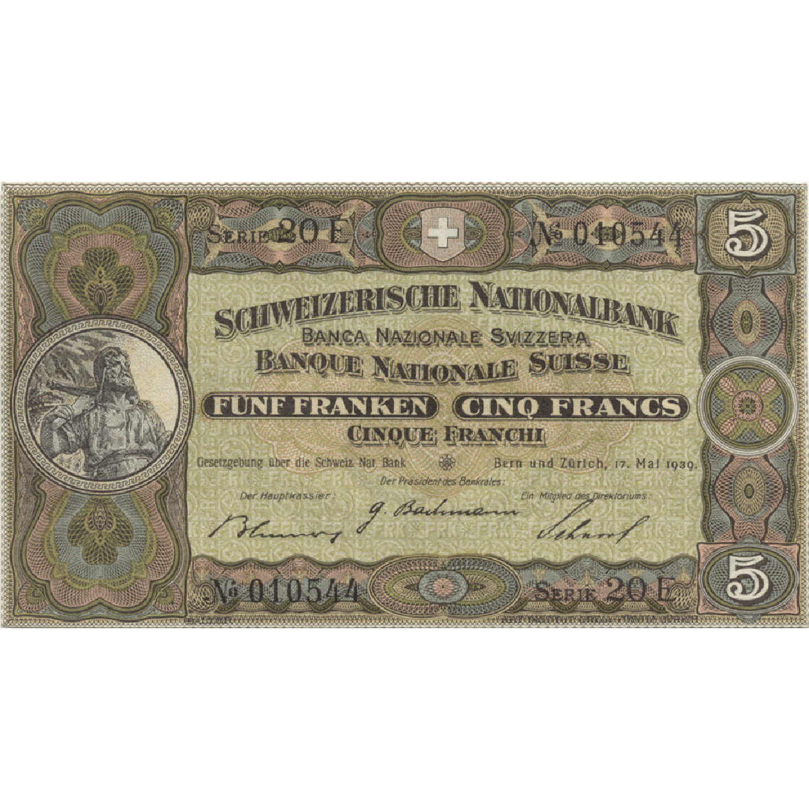 Schweizerische Eidgenossenschaft, 5 Franken (2. Banknotenserie, in Kurs 1911-1980) (obverse)
