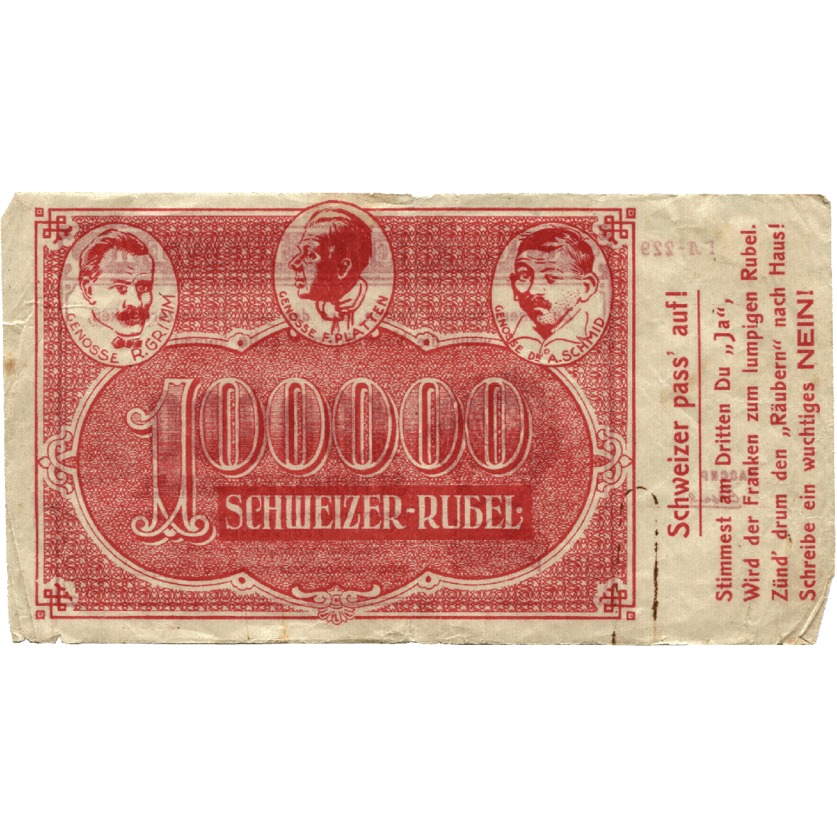 Schweizerische Eidgenossenschaft, Bündnis bürgerlicher Parteien, Propagandaschein 100'000 «Schweizer Rubel» 1922 (obverse)