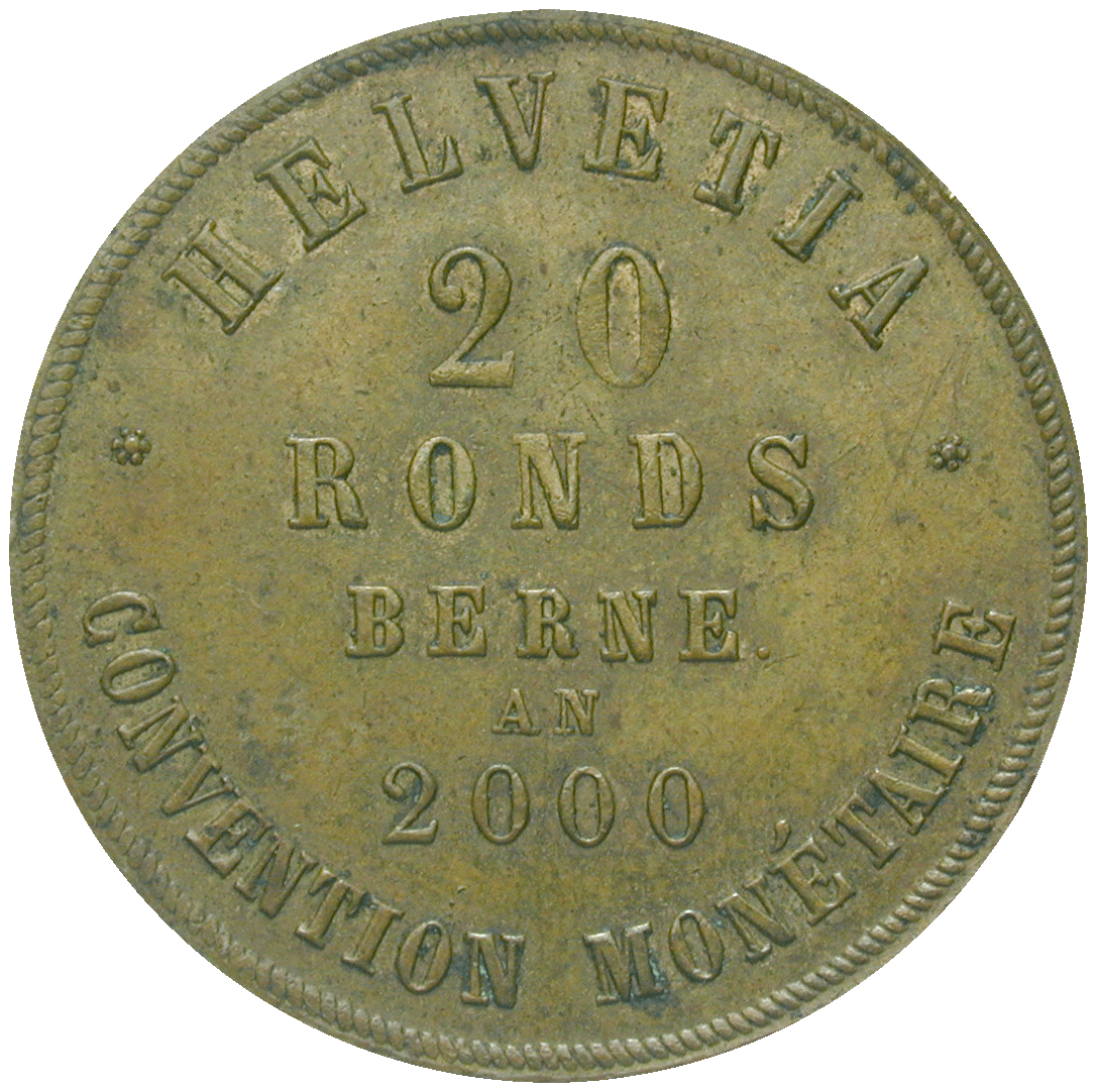 Schweizerische Eidgenossenschaft, private Probeprägung von 20 Ronds von Medailleur Edouard Durussel (reverse)