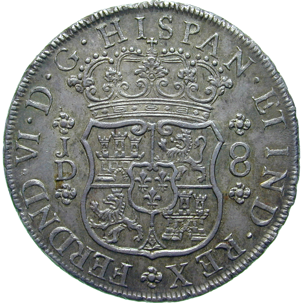 Spanisches Kolonialreich, Vizekönigreich Peru, Ferdinand VI., Real de a ocho (Peso) 1754 (obverse)