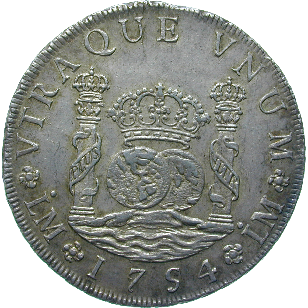 Spanish Colonial Empire, Viceroyalty of Peru, Ferdinand VI, Real de a ocho (Peso) 1754 (reverse)