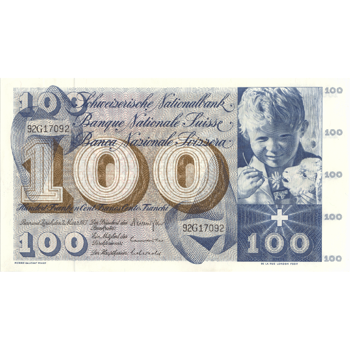Swiss Confederation, 100 Francs (5th Banknote Series, in Circulation 1956-1980) (obverse)