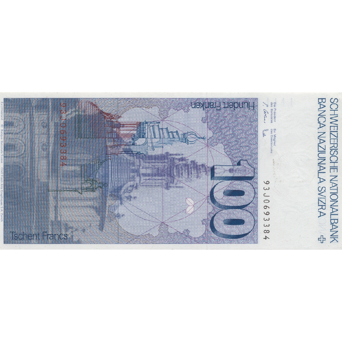 Swiss Confederation, 100 Francs (6th Banknote Series, in Circulation 1976-2000) (reverse)