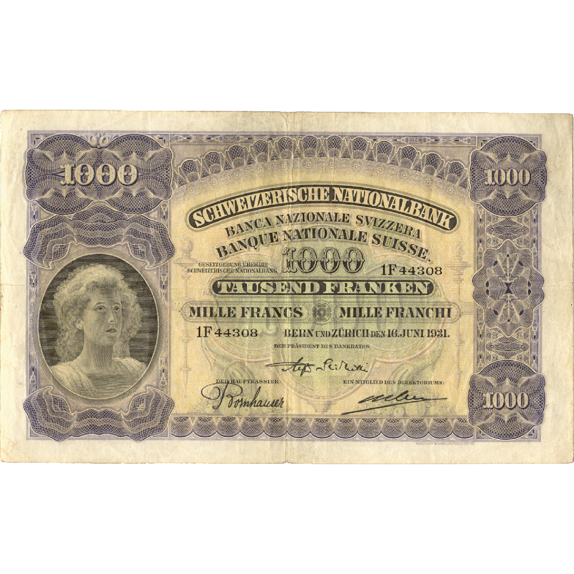 Swiss Confederation, 1,000 Francs (2nd Banknote Series, in Circulation 1911-1980) (obverse)