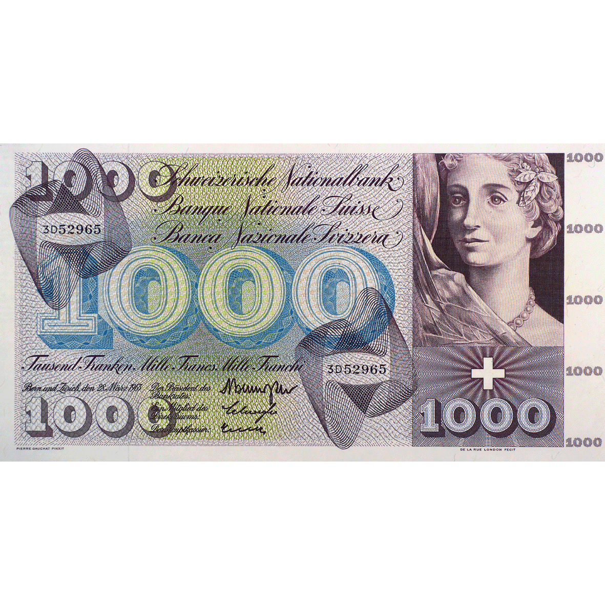 Swiss Confederation, 1,000 Francs (5th Banknote Series, in Circulation 1956-1980) (obverse)