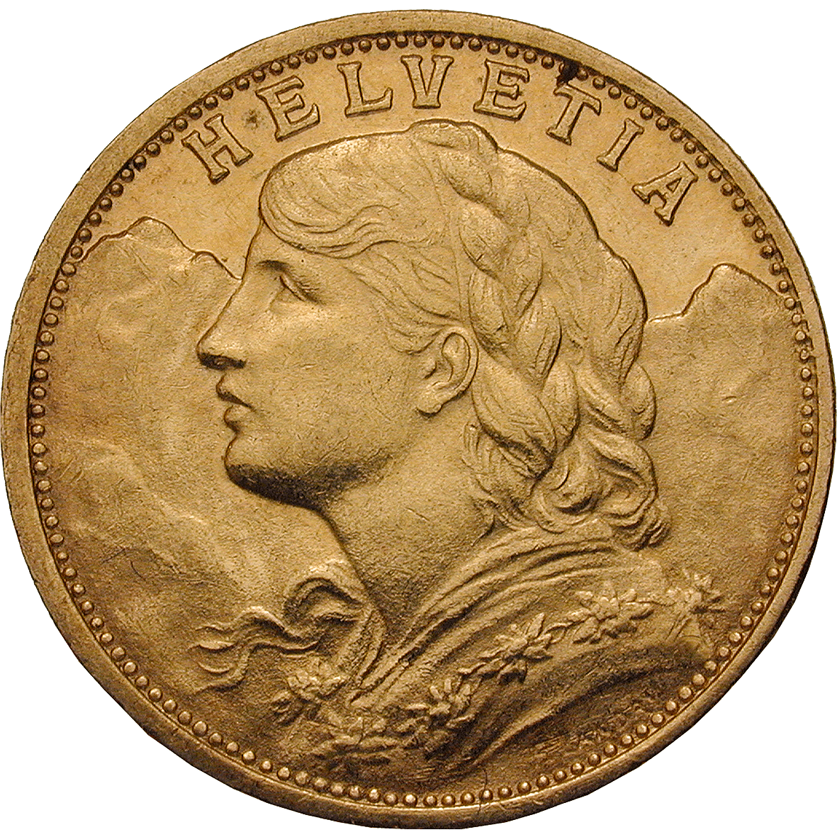 Swiss Confederation, 20 Francs (Vreneli) 1904 (obverse)
