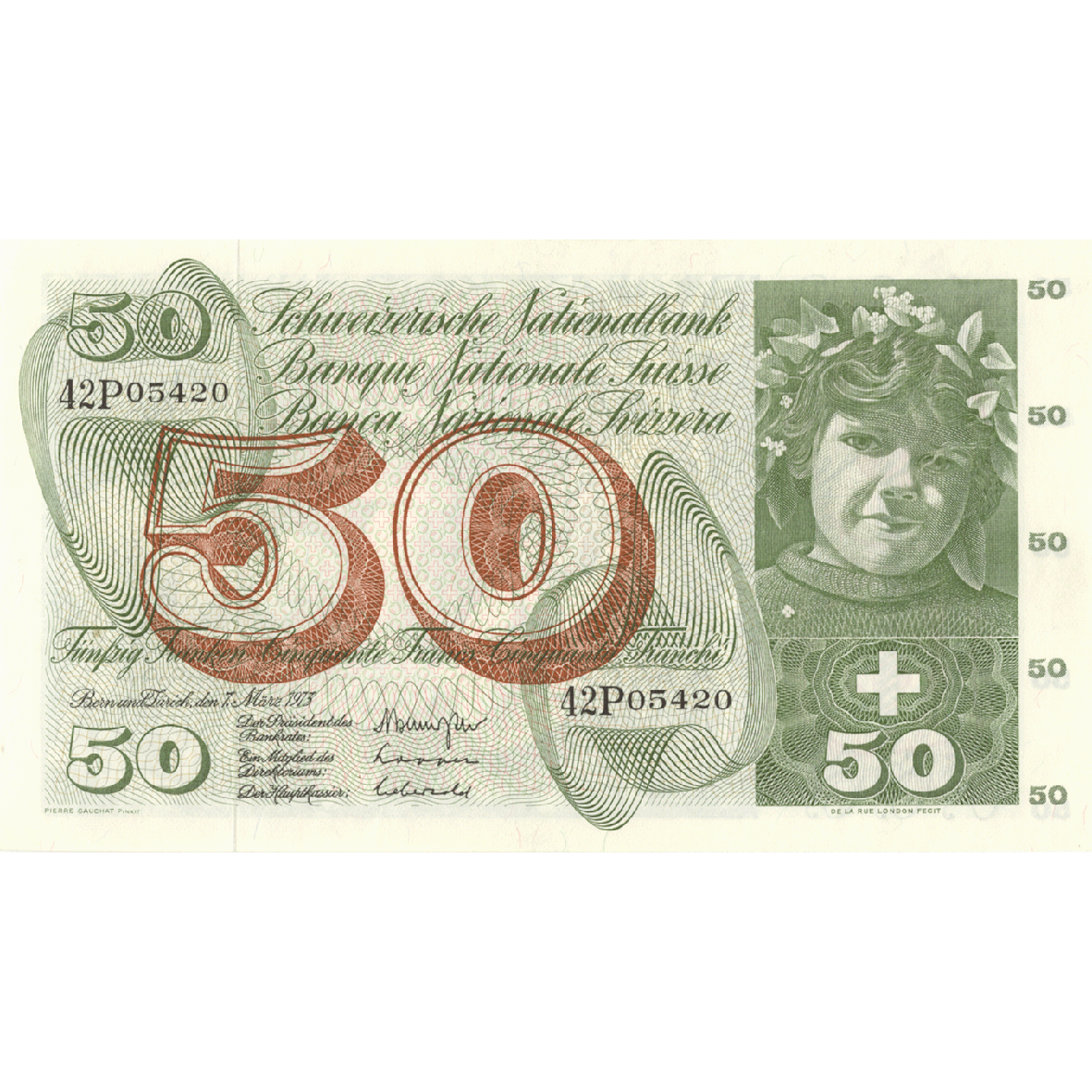 Swiss Confederation, 50 Francs (5th Banknote Series, in Circulation 1956-1980) (obverse)