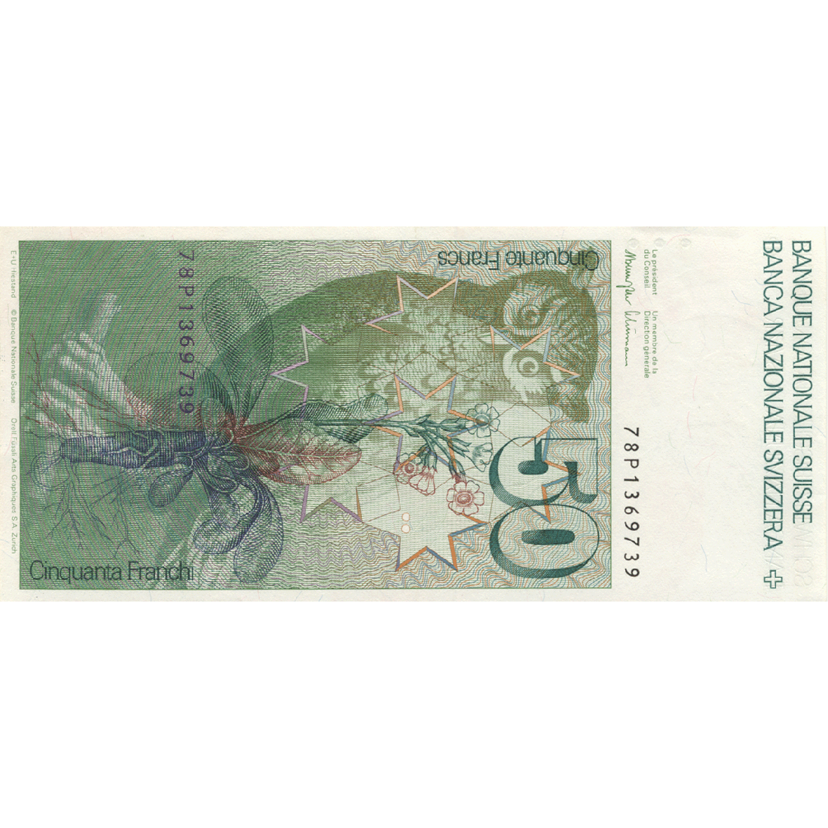 Swiss Confederation, 50 Francs (6th Banknote Series, in Circulation 1976-2000) (reverse)