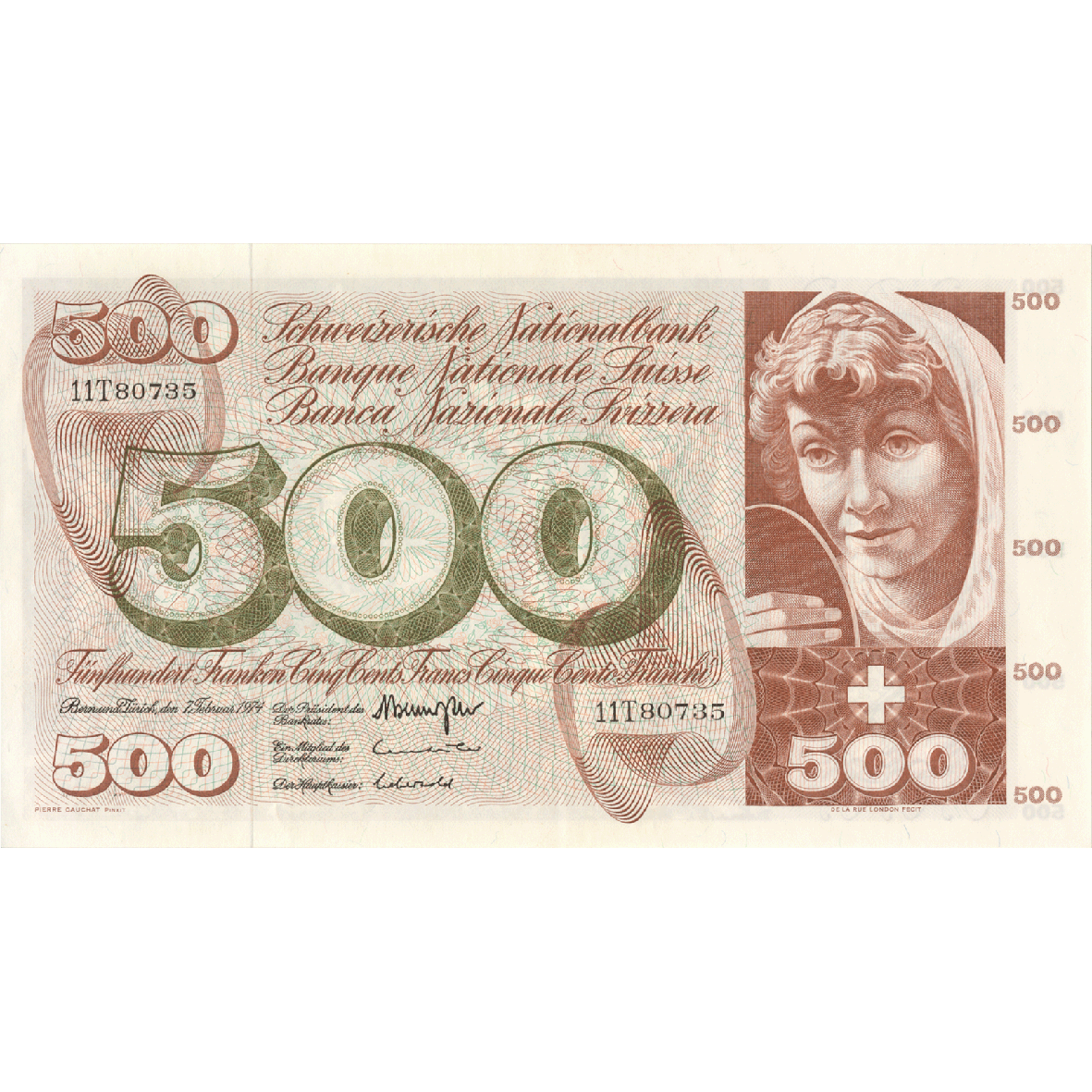 Swiss Confederation, 500 Francs (5th Banknote Series, in Circulation 1956-1980) (obverse)