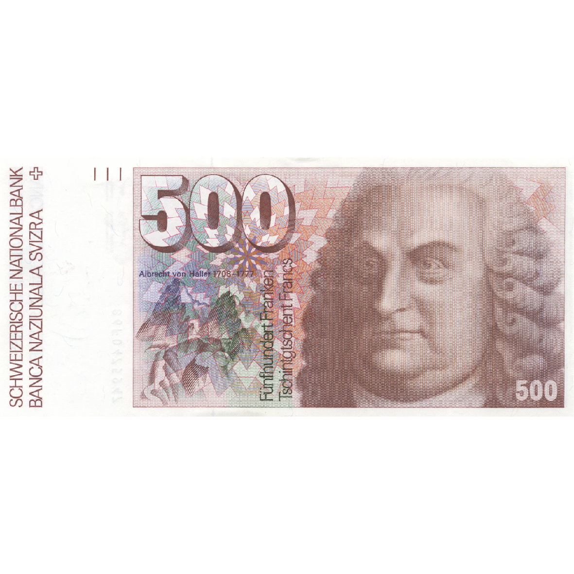 Swiss Confederation, 500 Francs (6th Banknote Series, in Circulation 1976-2000) (obverse)