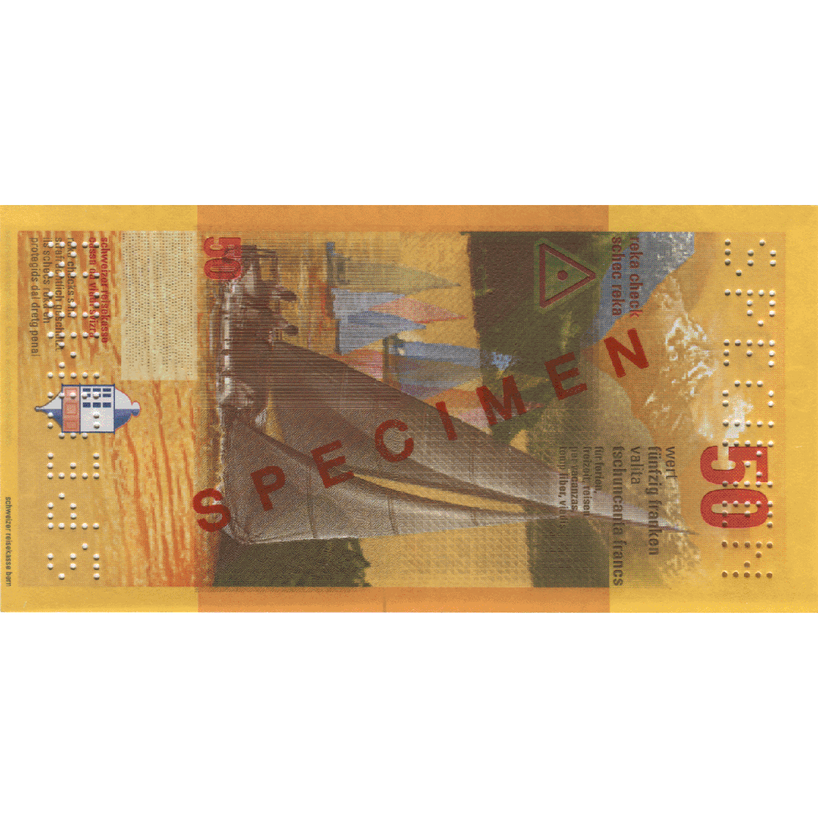 Swiss Confederation, Reka-Ceck 50 Francs (obverse)