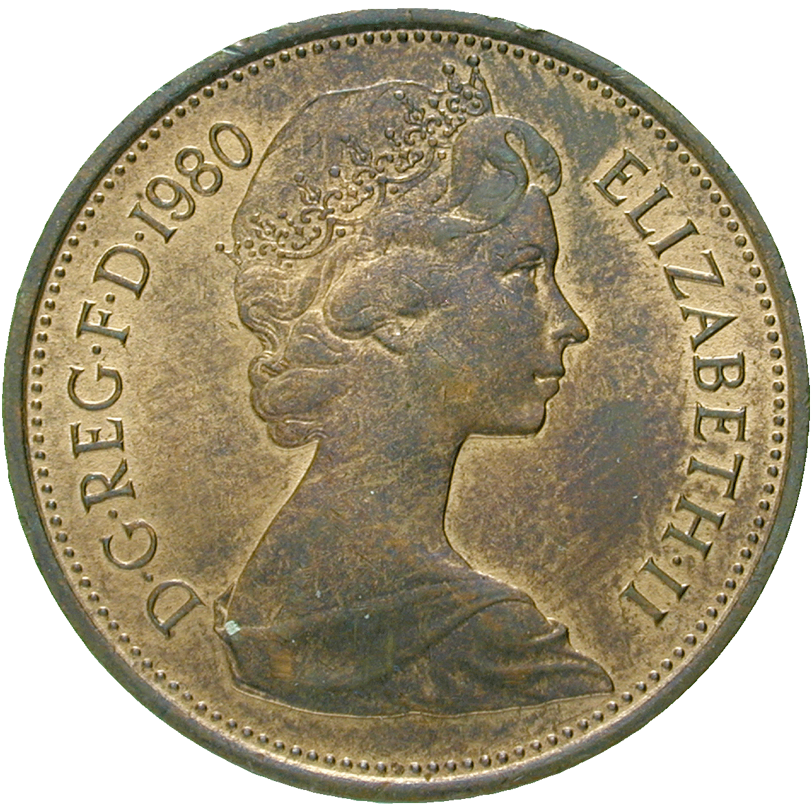 Vereinigtes Königreich Grossbritannien, Elisabeth II., 2 New Pence 1980 (obverse)