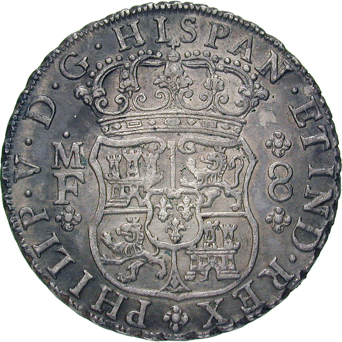 Viceroyalty of New Spain, Philip V, Real de a ocho (Peso) 1738 (obverse)