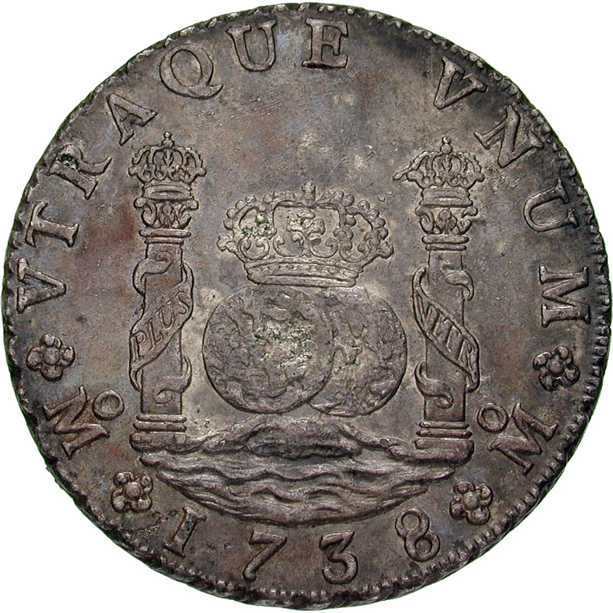 Viceroyalty of New Spain, Philip V, Real de a ocho (Peso) 1738 (reverse)